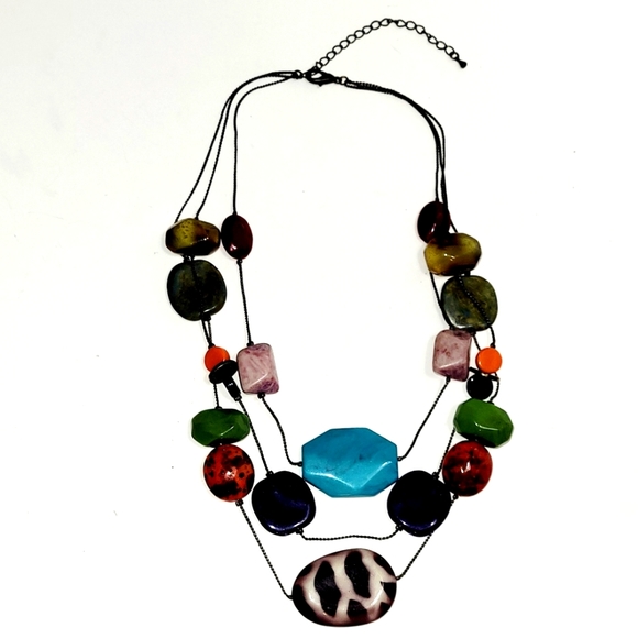 New Necklace, Colored Stone Beaded Black Triple Chain Adjustable Length - Picture 2 of 5